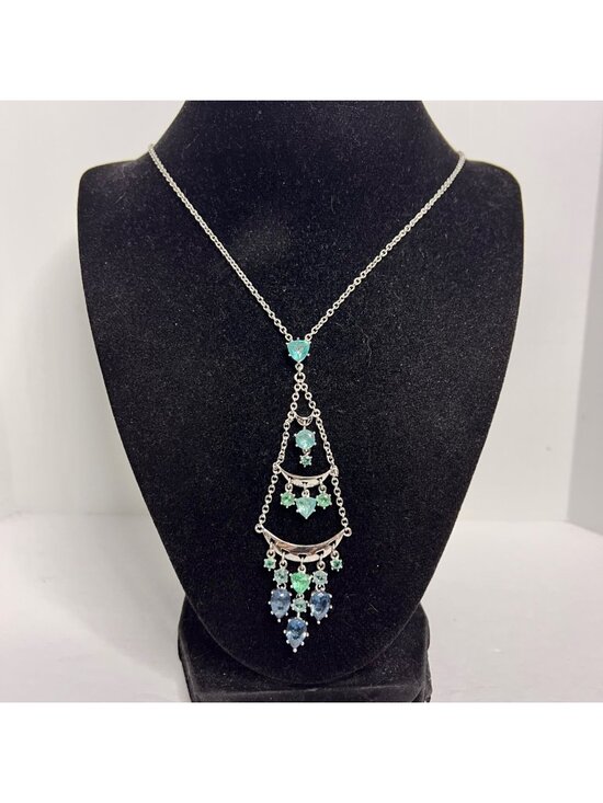 Unknown Jewelry - Silver Tone Necklace W/ Blue Rhinestone Cascading Chandelier Pendant (6338)